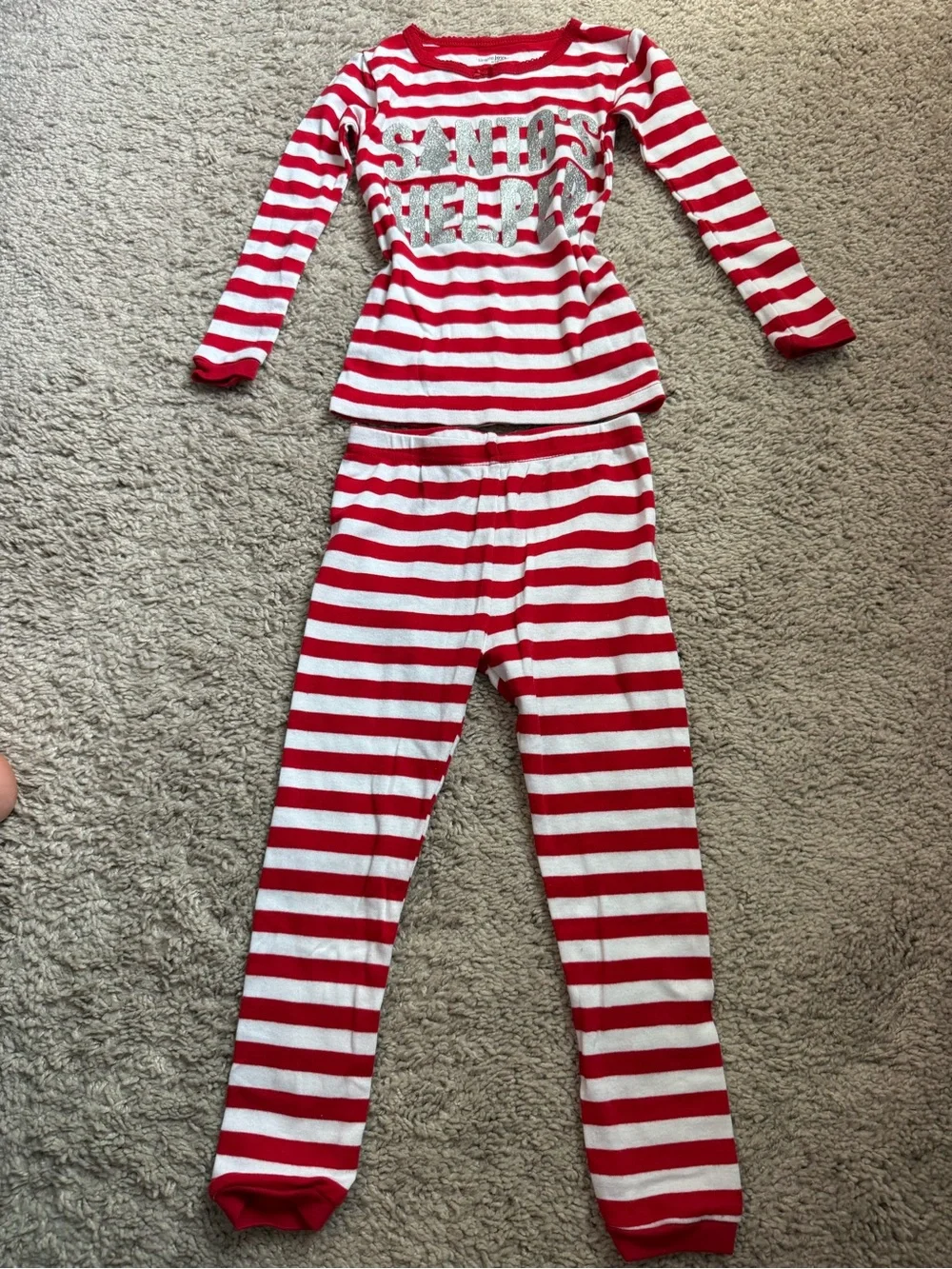 Red & White Striped Kids Pajama Set with 'Santa's Helper' Glitter Print